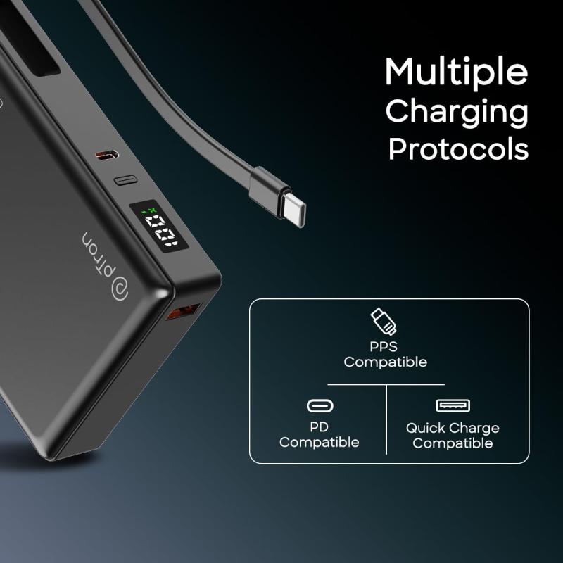 pTron Dynamo Sprint 20000mAh 35W Super Fast Charging, USB Type-C Input Power Bank Compatible with QC3.0/PD3.0, Built-in Charging Cable, 3 Charging Outputs, Type-C Input/Output Port (Black)