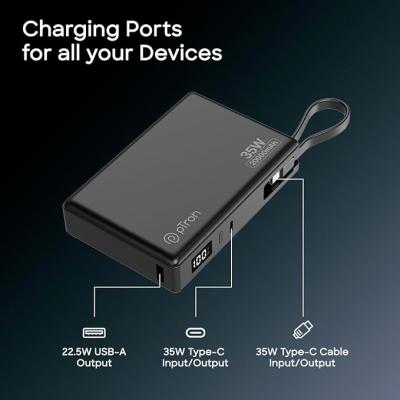 pTron Dynamo Sprint 20000mAh 35W Super Fast Charging, USB Type-C Input Power Bank Compatible with QC3.0/PD3.0, Built-in Charging Cable, 3 Charging Outputs, Type-C Input/Output Port (Black)