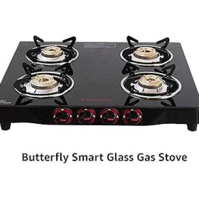 Butterfly Smart 4 Burner Glass Top Gas Stove | Manual Ignition | Scratch Resistant Toughened Glass | Brass Burners | Skid-proof Legs | 1 Year Manufacturer's Warranty | Black