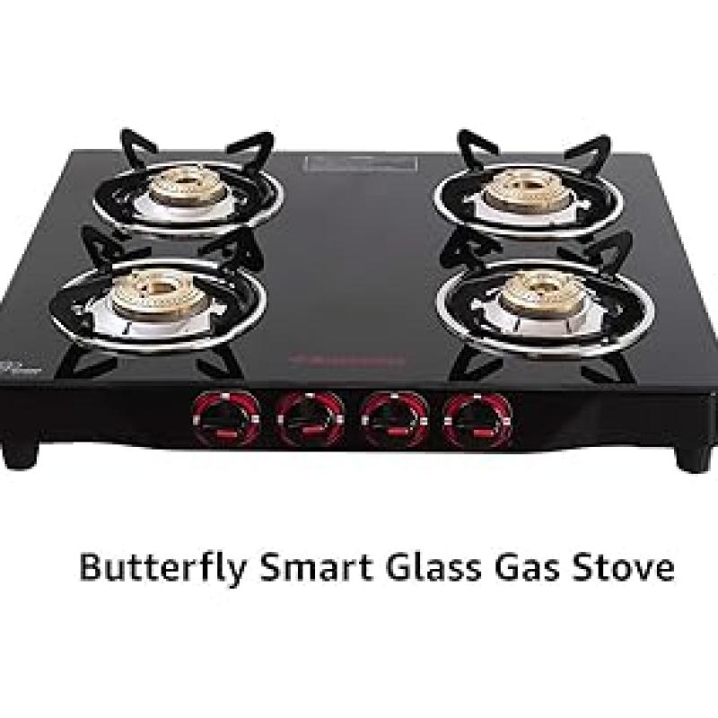 Butterfly Smart 4 Burner Glass Top Gas Stove | Manual Ignition | Scratch Resistant Toughened Glass | Brass Burners | Skid-proof Legs | 1 Year Manufacturer's Warranty | Black