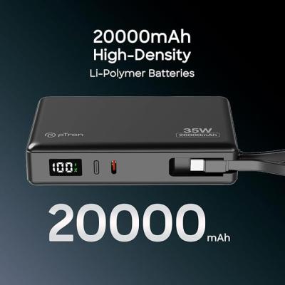 pTron Dynamo Sprint 20000mAh 35W Super Fast Charging, USB Type-C Input Power Bank Compatible with QC3.0/PD3.0, Built-in Charging Cable, 3 Charging Outputs, Type-C Input/Output Port (Black)