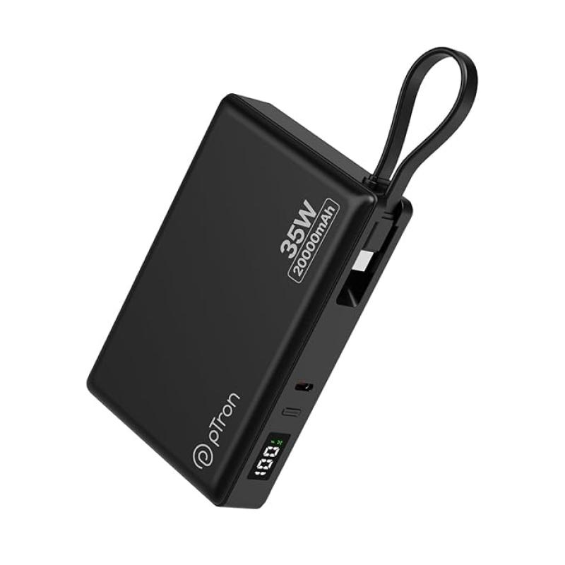 pTron Dynamo Sprint 20000mAh 35W Super Fast Charging, USB Type-C Input Power Bank Compatible with QC3.0/PD3.0, Built-in Charging Cable, 3 Charging Outputs, Type-C Input/Output Port (Black)
