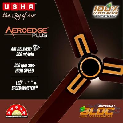 USHA AeroEdge Plus 1200mm BLDC Ceiling Fan with IR Remote | LED Indicator | BEE 5 Star Rated Energy Efficient | 100% Copper Motor | High Air Delivery 220CMM | 2 Year Warranty | (Brown)