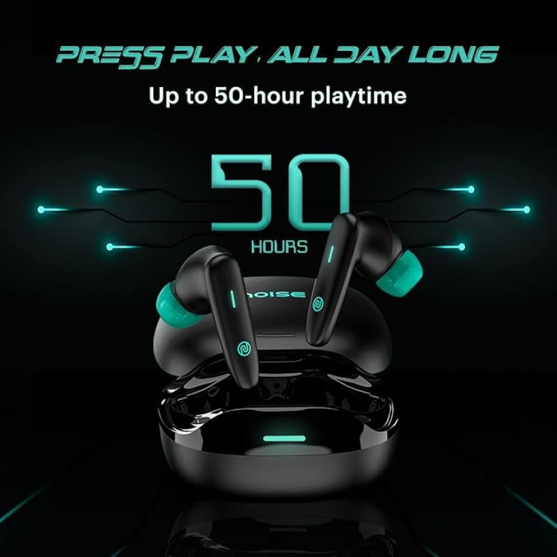Noise Buds VS402 in Ear Truly Wireless Earbuds with 50H of Playtime, Low Latency, Quad Mic with ENC, Instacharge(10 Min=120 Min),10Mm Driver, BT V5.3, Breathing LED Lights (Neon Black)
