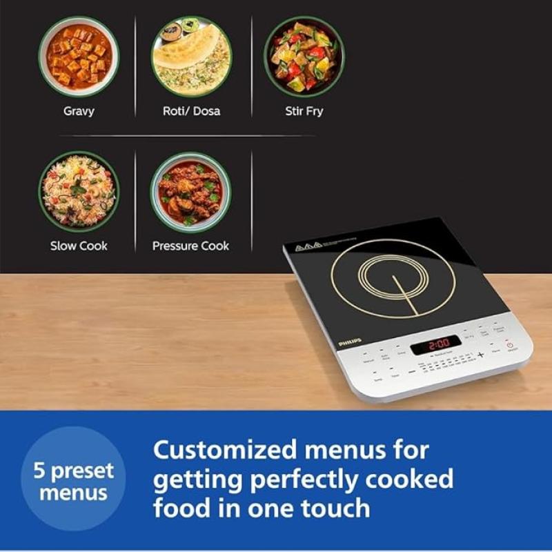 Philips Viva Collection HD4928/01 2100-Watt Induction Cooktop, Soft Touch Button with Crystal Glass (Black)