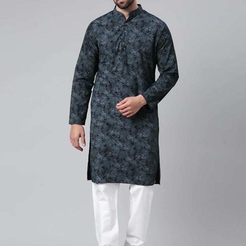 Majestic Man Men's Cotton Regular Fit Casual Mandarin Collar Ethnic Motifs Printed Long Regular Kurta