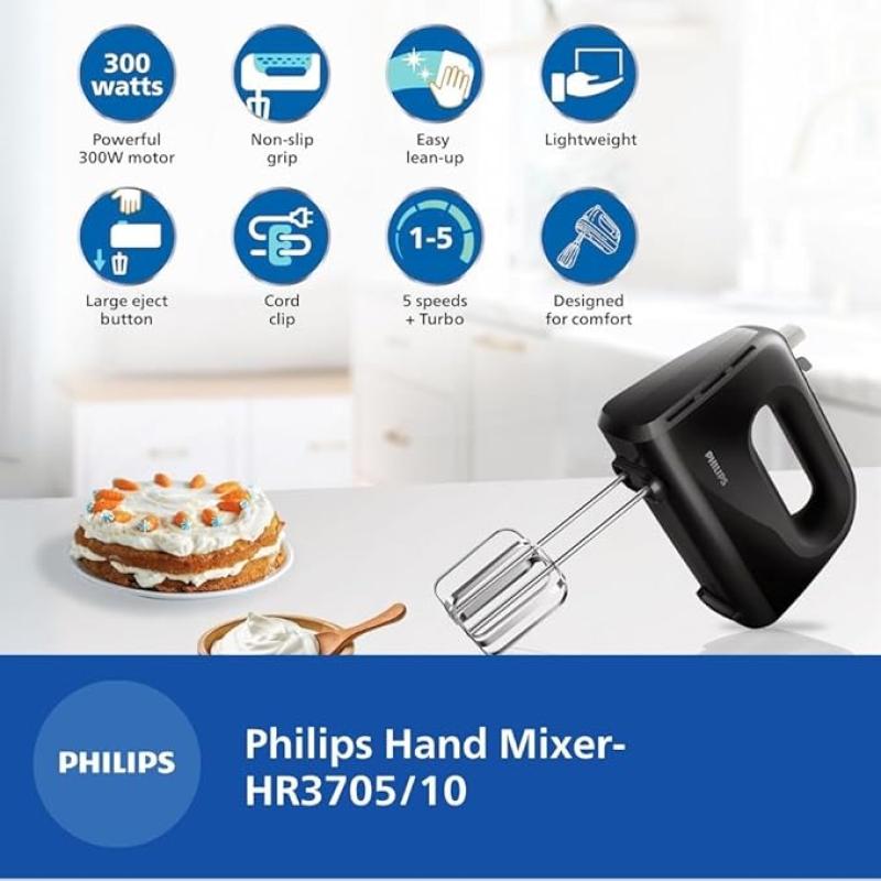 Philips HR3705/10 300 Watt Lightweight Hand Mixer, Blender with 5 speed control settings, stainless steel accessories and 2 years warranty(black color)