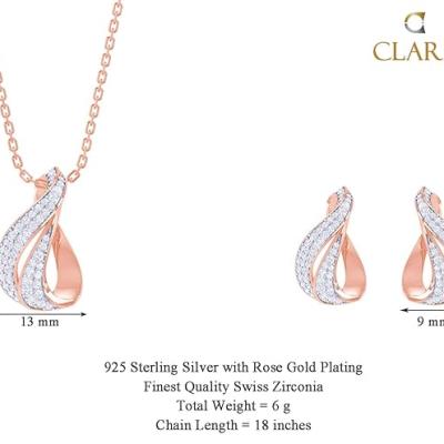 Clara 925 Sterling Silver Agda Pendant Earring Chain Jewellery Set | Rose Gold Rhodium Plated, Swiss Zirconia | Gift for Women & Girls