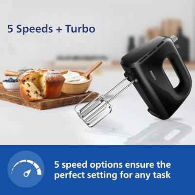 Philips HR3705/10 300 Watt Lightweight Hand Mixer, Blender with 5 speed control settings, stainless steel accessories and 2 years warranty(black color)