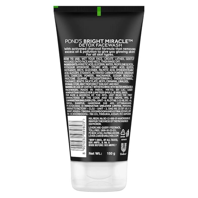 Pond's Pure Detox Anti-Pollution Purity Face Wash With Activated Charcoal Deep Cleans Impurities Dirt And Pollution For 2X Brighter Glowing Skin,150 g