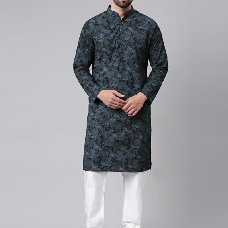 Majestic Man Men's Cotton Regular Fit Casual Mandarin Collar Ethnic Motifs Printed Long Regular Kurta