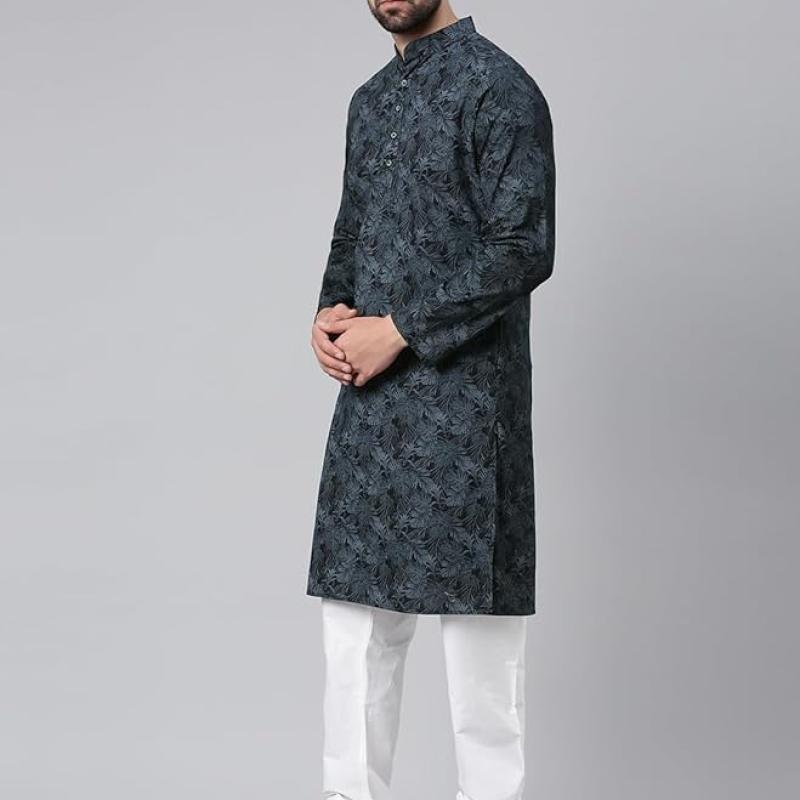 Majestic Man Men's Cotton Regular Fit Casual Mandarin Collar Ethnic Motifs Printed Long Regular Kurta