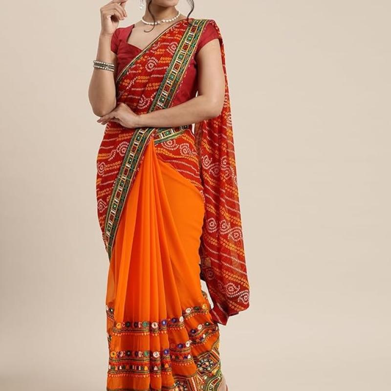 arriva fab Women's Georgette Half & Half Bandhani Printed Saree With Unstitched Blouse