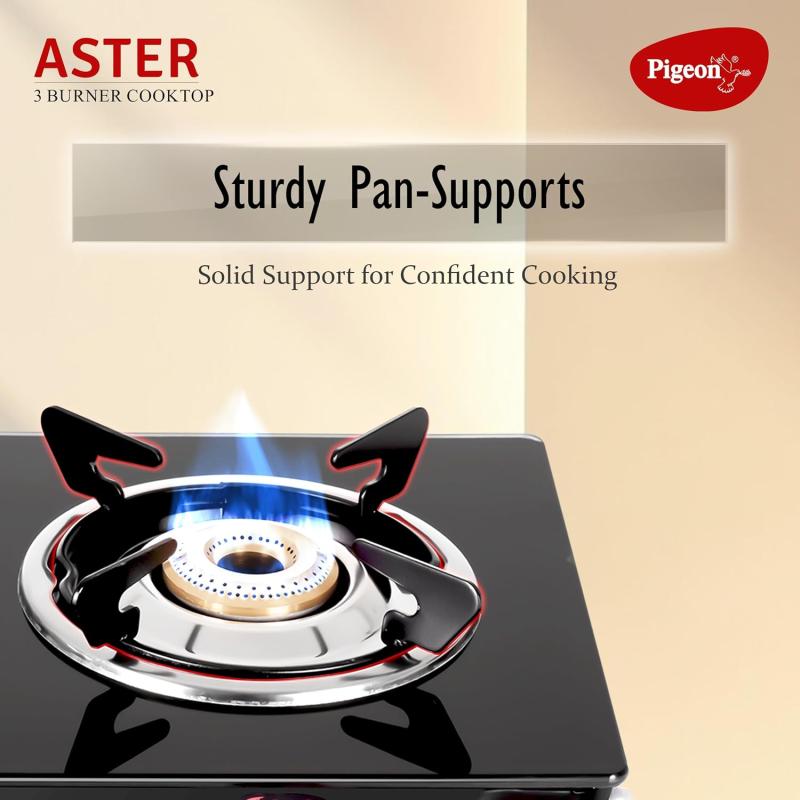 Pigeon by Stovekraft Aster 3 Burner Gas Stove with High Powered Brass Burner Gas Cooktop, Cooktop with Glass Top and Powder Coated Body, Black, Manual Ignition, Standard (14267)