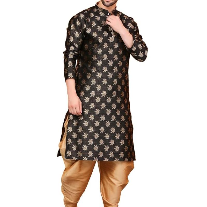 Over Crowd Men Ethnic Gold Leaves 100% pure Jacquard Kurta & Aladdin salwar special for Lohri & New Year, In Panjabi Style
