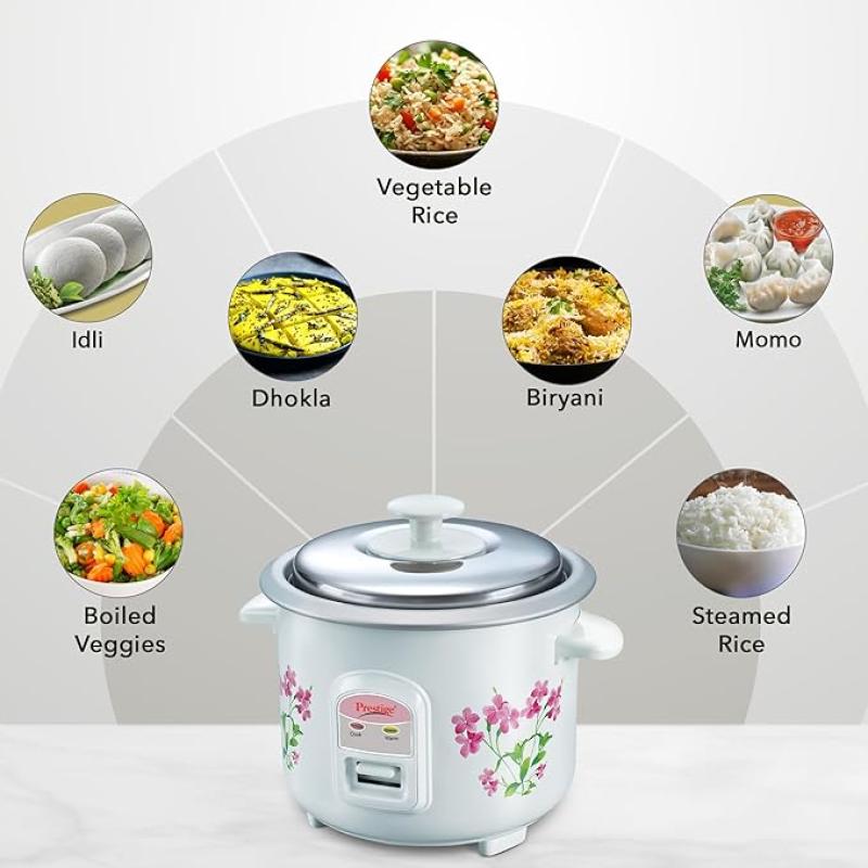 Prestige PRWO 0.6 L Electric Rice Cooker with 2 cooking pans|Detachable power cord|Durable body|Cool touch handles|White| Raw capacity-0.3L|Cooked capacity-0.6