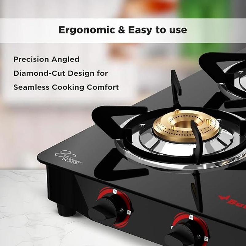 Butterfly Smart 4 Burner Glass Top Gas Stove | Manual Ignition | Scratch Resistant Toughened Glass | Brass Burners | Skid-proof Legs | 1 Year Manufacturer's Warranty | Black