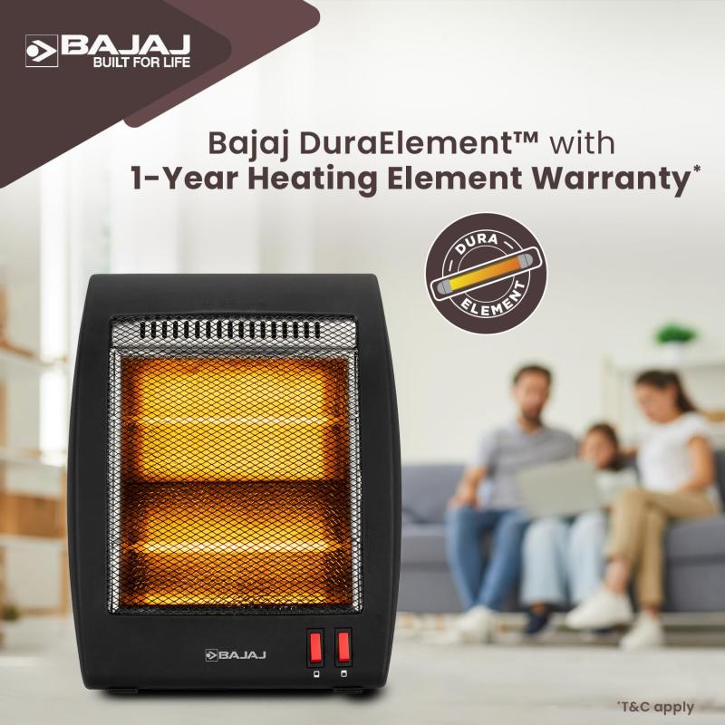 Bajaj RHX-2 Halogen Heater | 2 Heat Settings-400W/800 Watts | Noiseless Operation | DuraElement With 1-Yr Heating Element Warranty | Convection Room Heater For Winter | 2-Yr Warranty 【Black】