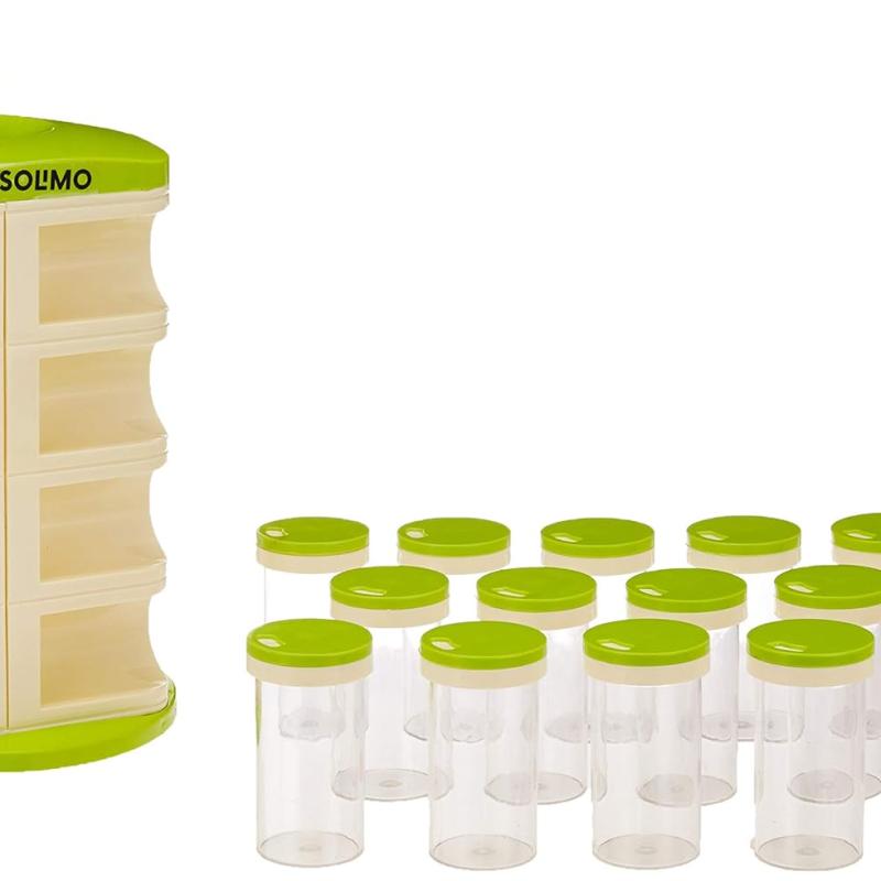 Amazon Brand - Solimo Revolving Spice Rack Set | 16 pieces | Plastic | Tiered Shelf | Tabletop | Green