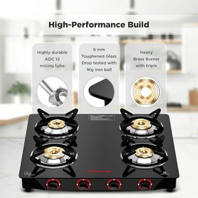 Butterfly Smart 4 Burner Glass Top Gas Stove | Manual Ignition | Scratch Resistant Toughened Glass | Brass Burners | Skid-proof Legs | 1 Year Manufacturer's Warranty | Black