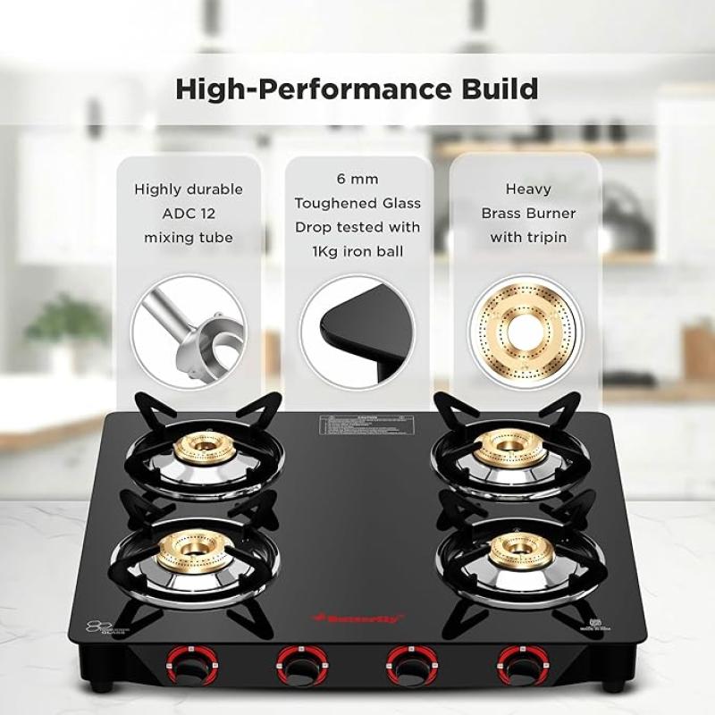 Butterfly Smart 4 Burner Glass Top Gas Stove | Manual Ignition | Scratch Resistant Toughened Glass | Brass Burners | Skid-proof Legs | 1 Year Manufacturer's Warranty | Black