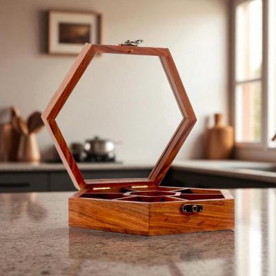 Wooden Spice Box with 7 Partitions & Spoon, Spice Container for Kitchen, Masala Dabba, Namakdani for Kitchen, Wooden Masala Box, Multipurpose Decorative Box (7 Partitions (Hexagonal))