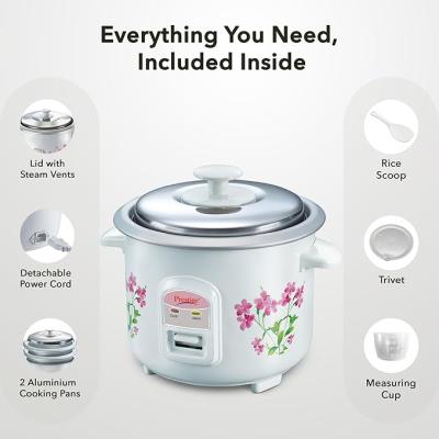 Prestige PRWO 0.6 L Electric Rice Cooker with 2 cooking pans|Detachable power cord|Durable body|Cool touch handles|White| Raw capacity-0.3L|Cooked capacity-0.6