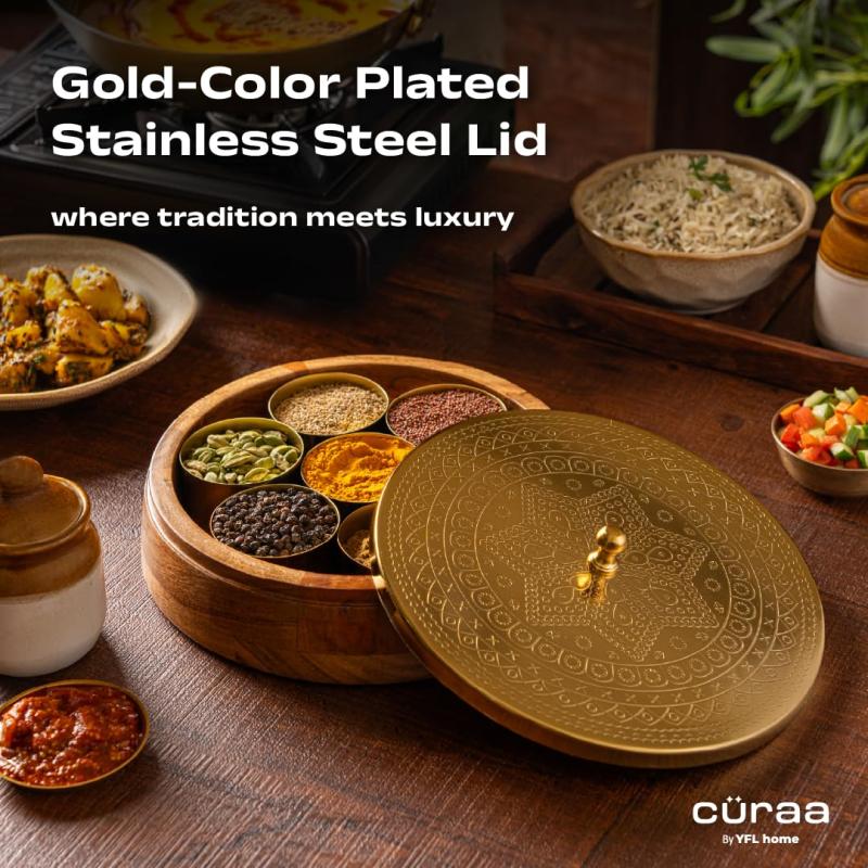 CÜRAA by YFL home Spice Box for Kitchen with Spoon (Acacia Wood, 7 Detachable containers, 120 ML) | Masala box for Kitchen | Spice Storage Container | Stylish Masala Dani for gift