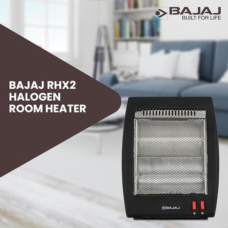 Bajaj RHX-2 Halogen Heater | 2 Heat Settings-400W/800 Watts | Noiseless Operation | DuraElement With 1-Yr Heating Element Warranty | Convection Room Heater For Winter | 2-Yr Warranty 【Black】