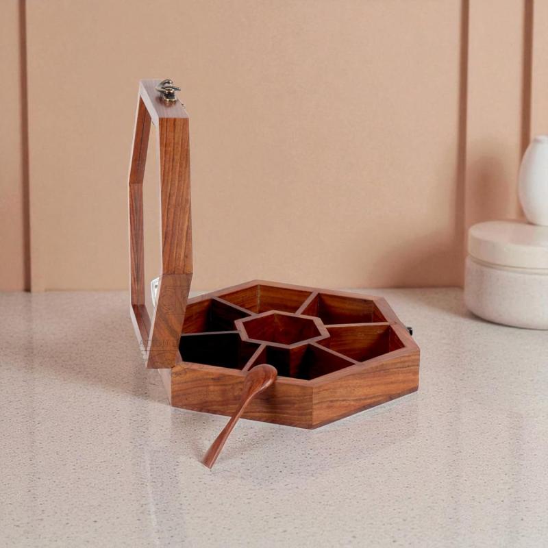 Wooden Spice Box with 7 Partitions & Spoon, Spice Container for Kitchen, Masala Dabba, Namakdani for Kitchen, Wooden Masala Box, Multipurpose Decorative Box (7 Partitions (Hexagonal))