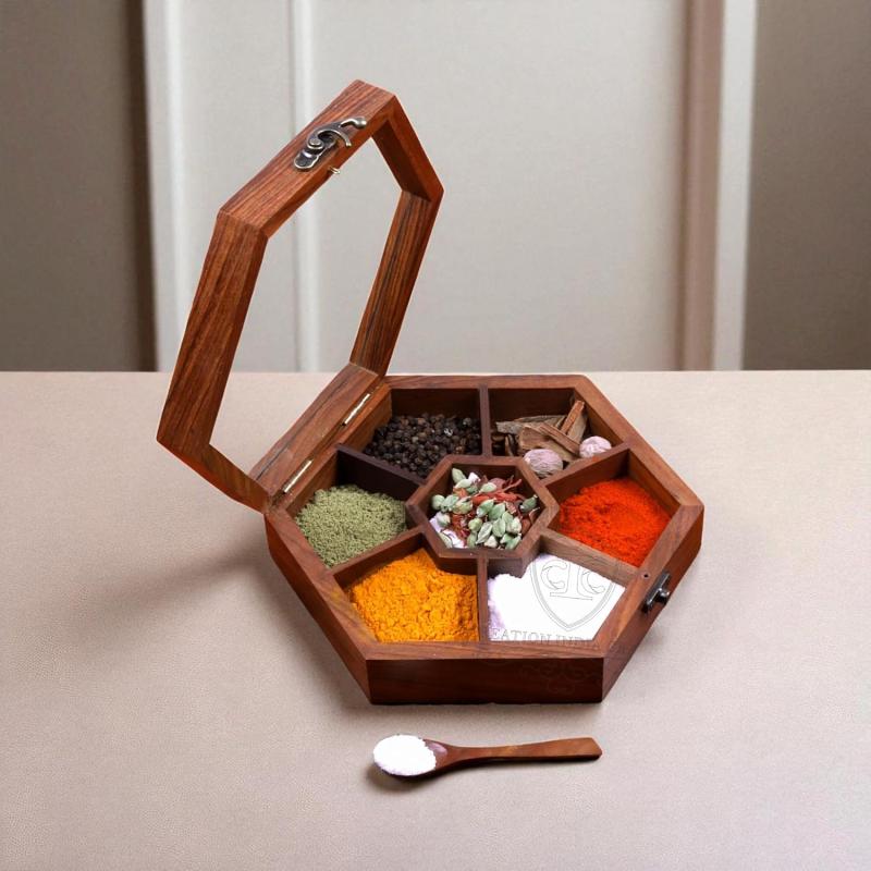 Wooden Spice Box with 7 Partitions & Spoon, Spice Container for Kitchen, Masala Dabba, Namakdani for Kitchen, Wooden Masala Box, Multipurpose Decorative Box (7 Partitions (Hexagonal))