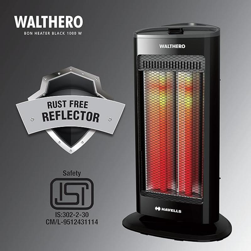 Havells Walthero 1000 Watt Room Heater with Two Carbon Heating Tubes| Tip Over Protection| Silent Operation| Anti Rust Protection| 2 years Manufacturer Warranty (Black)