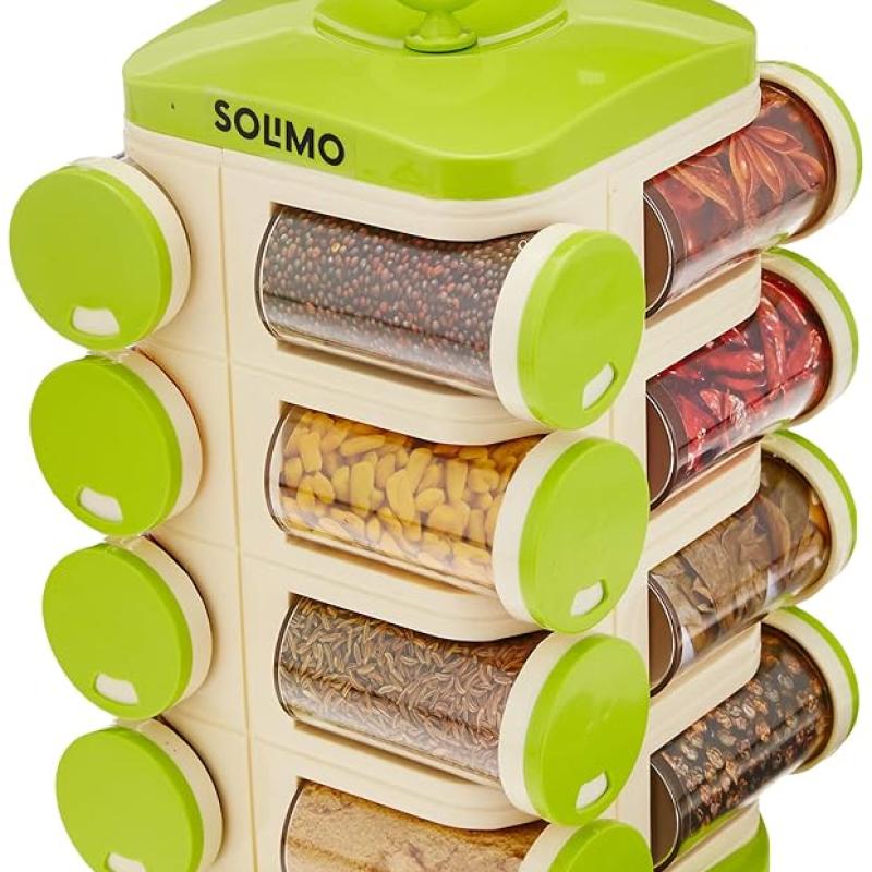 Amazon Brand - Solimo Revolving Spice Rack Set | 16 pieces | Plastic | Tiered Shelf | Tabletop | Green