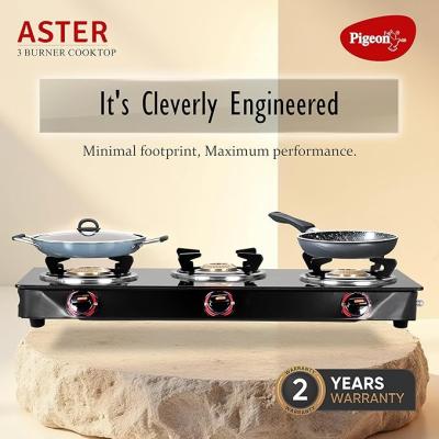Pigeon by Stovekraft Aster 3 Burner Gas Stove with High Powered Brass Burner Gas Cooktop, Cooktop with Glass Top and Powder Coated Body, Black, Manual Ignition, Standard (14267)