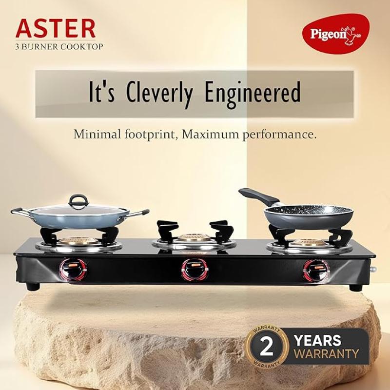 Pigeon by Stovekraft Aster 3 Burner Gas Stove with High Powered Brass Burner Gas Cooktop, Cooktop with Glass Top and Powder Coated Body, Black, Manual Ignition, Standard (14267)