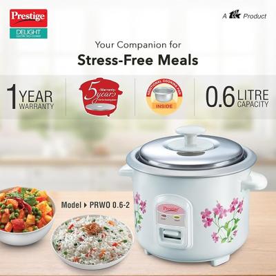Prestige PRWO 0.6 L Electric Rice Cooker with 2 cooking pans|Detachable power cord|Durable body|Cool touch handles|White| Raw capacity-0.3L|Cooked capacity-0.6
