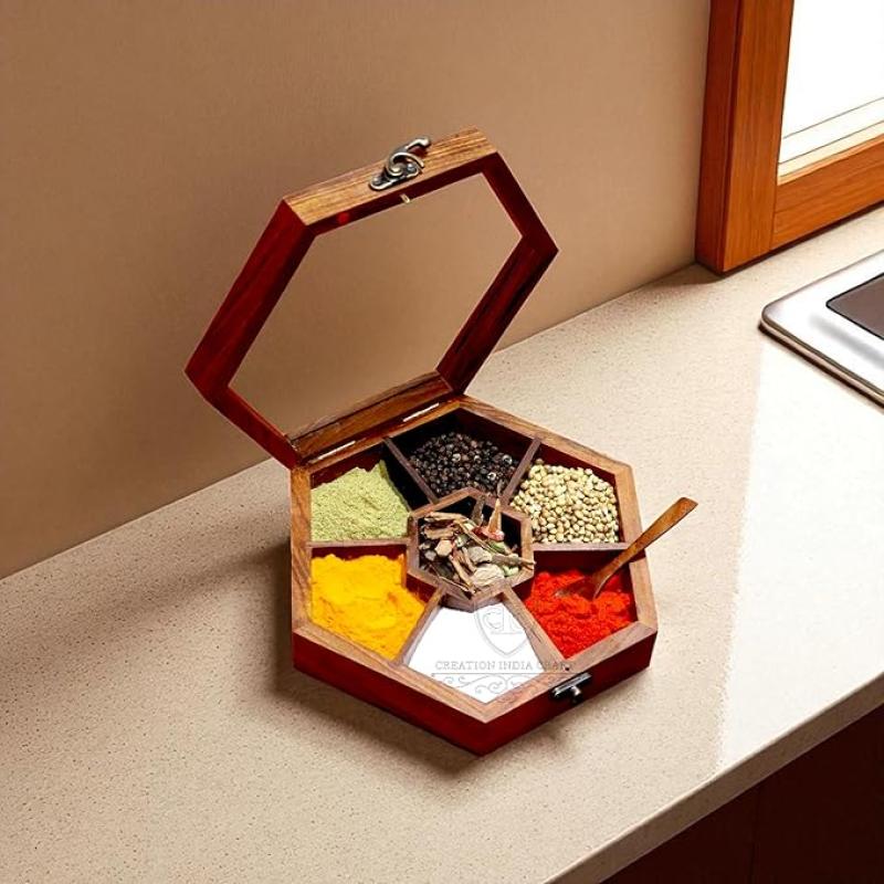 Wooden Spice Box with 7 Partitions & Spoon, Spice Container for Kitchen, Masala Dabba, Namakdani for Kitchen, Wooden Masala Box, Multipurpose Decorative Box (7 Partitions (Hexagonal))
