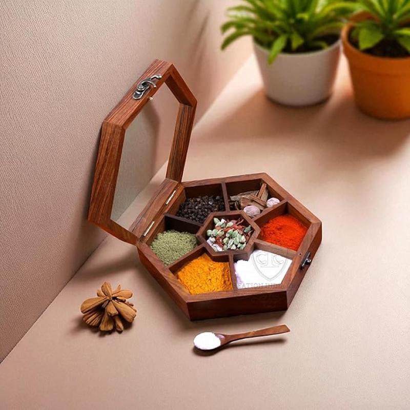 Wooden Spice Box with 7 Partitions & Spoon, Spice Container for Kitchen, Masala Dabba, Namakdani for Kitchen, Wooden Masala Box, Multipurpose Decorative Box (7 Partitions (Hexagonal))