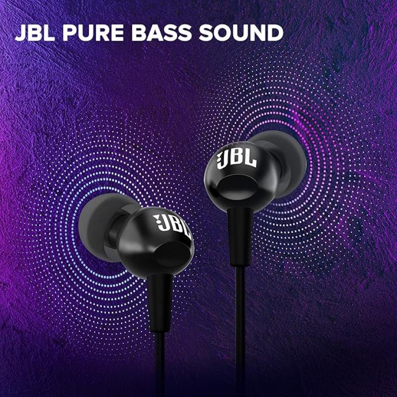JBL C100SI Wired In Ear Headphones With Mic, Pure Bass Sound, One Button Multi-Function Remote, Premium Metallic Finish, Angled Buds For Comfort Fit (Black)